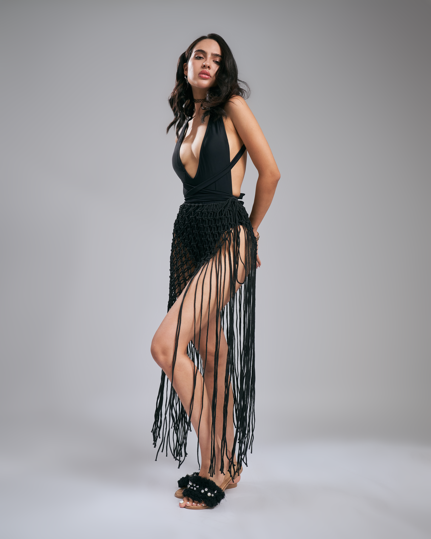Boho tangled macrame skirt - black
