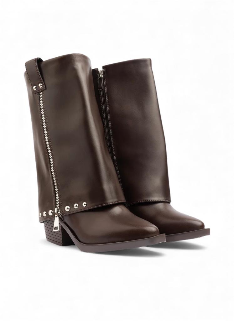 Studded Slouch Boot - Brown