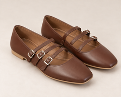 Siena Triple Strap Flats - Brown