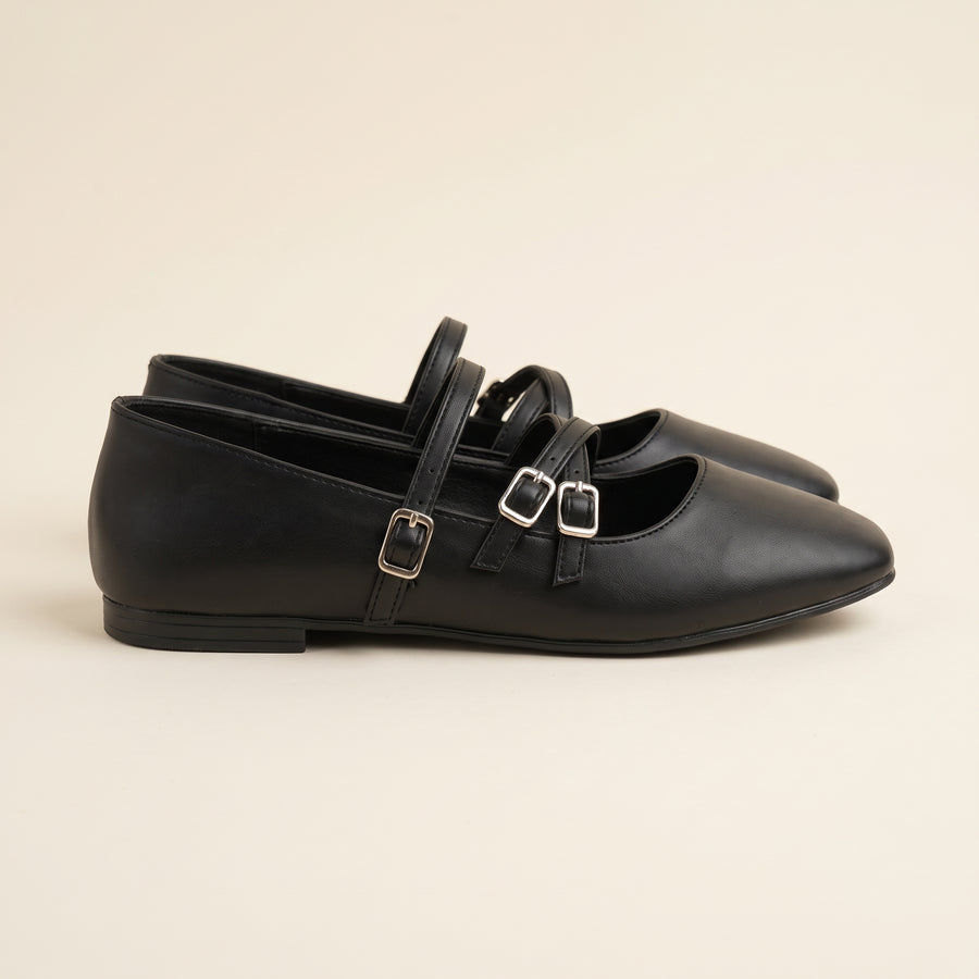 Siena Triple Strap Flats - Black