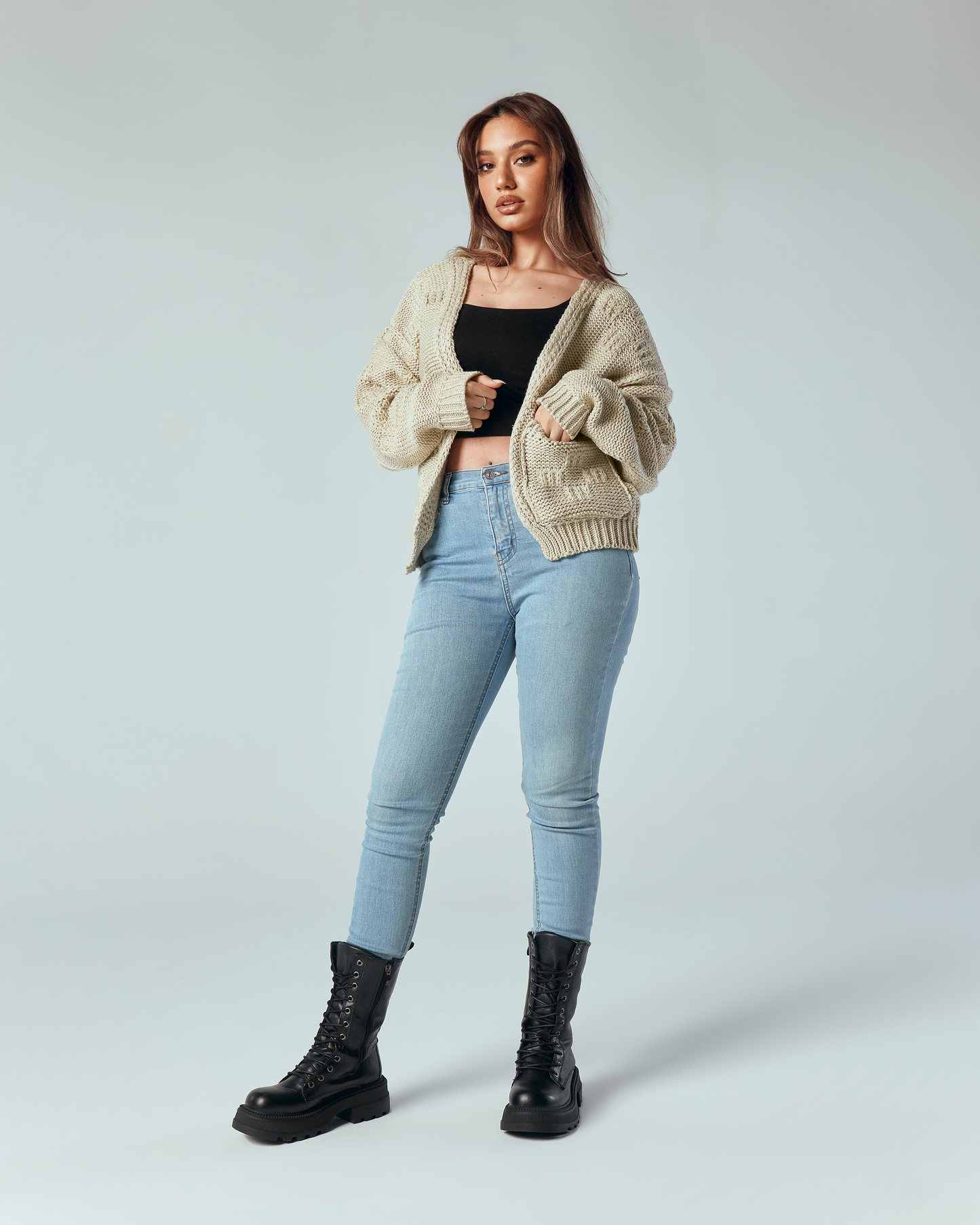 Beige Knit Pocket Cardigan