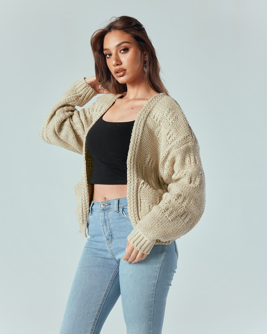 Beige Knit Pocket Cardigan