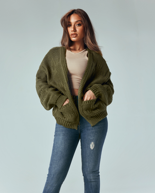 Olive Knit Pocket Cardigan