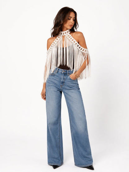Fringe Muse Halter Top - Beige