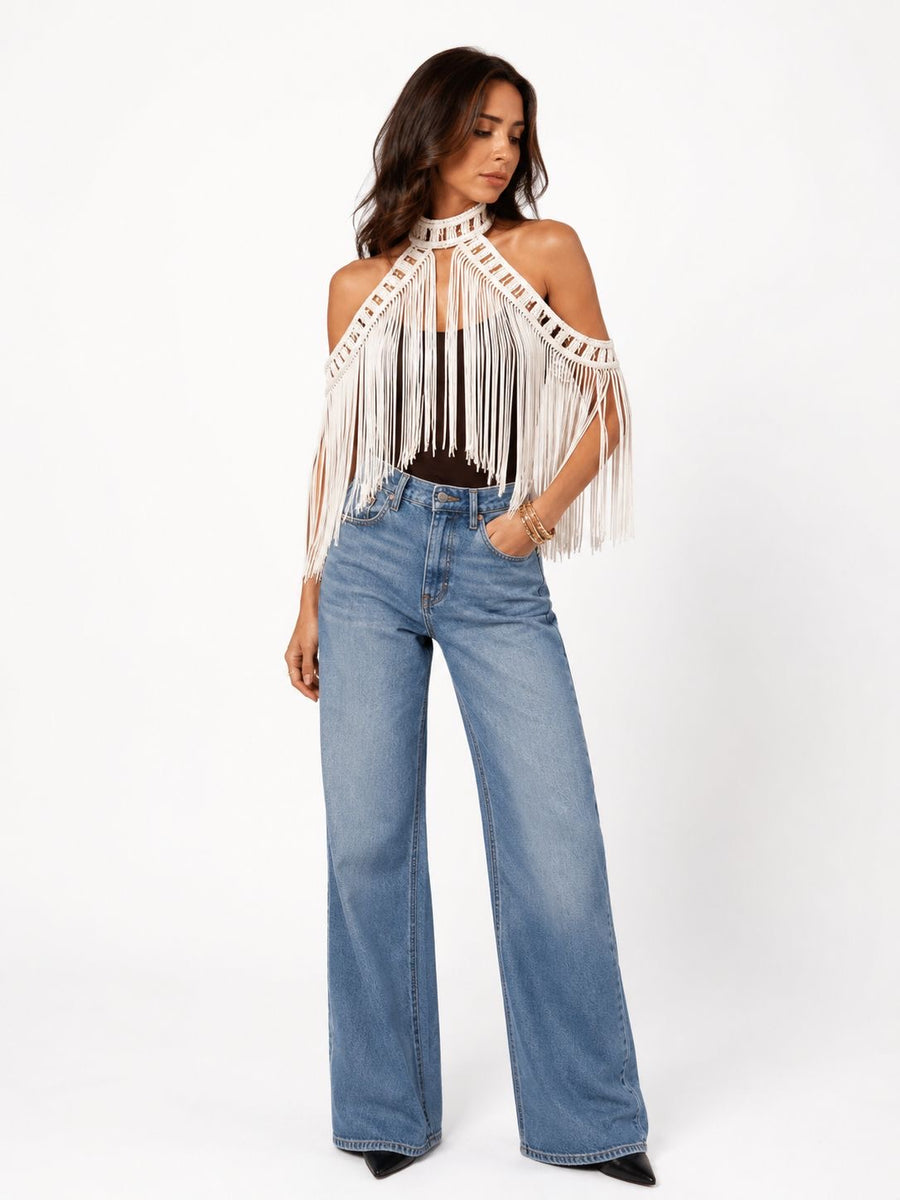 Fringe Muse Halter Top - Beige