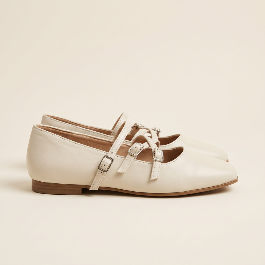 Siena Triple Strap Flats - Offwhite