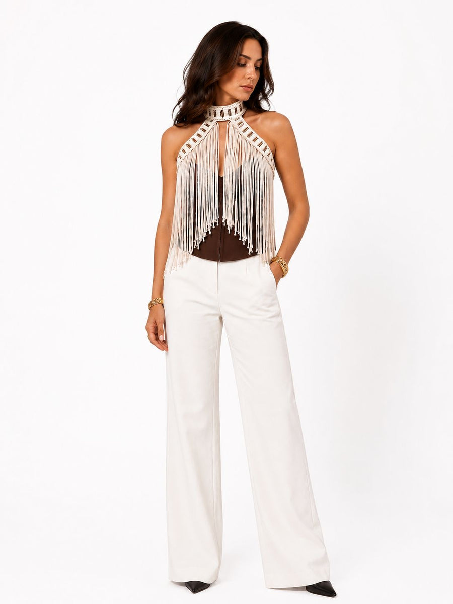 Fringe Muse Halter Top - Beige