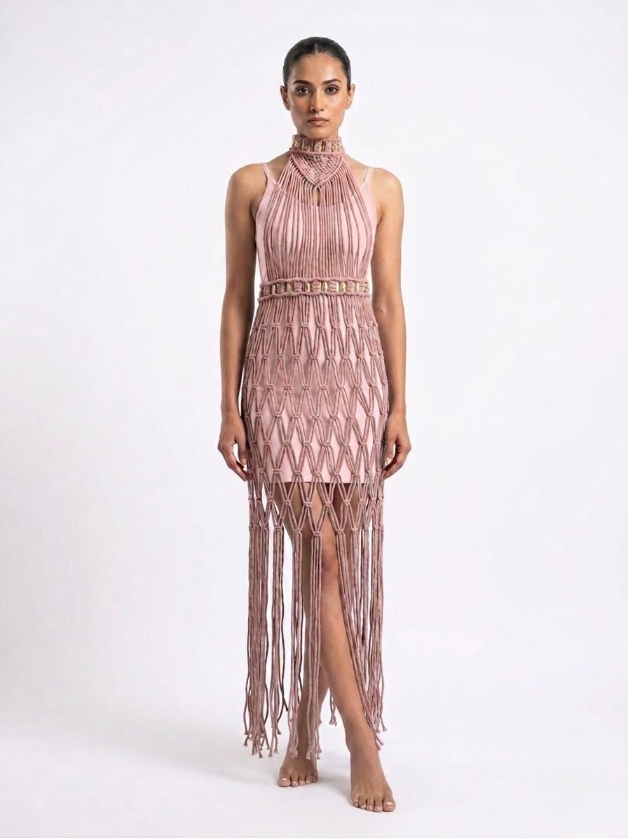 Ethereal Macramé Statement Dress - Pink