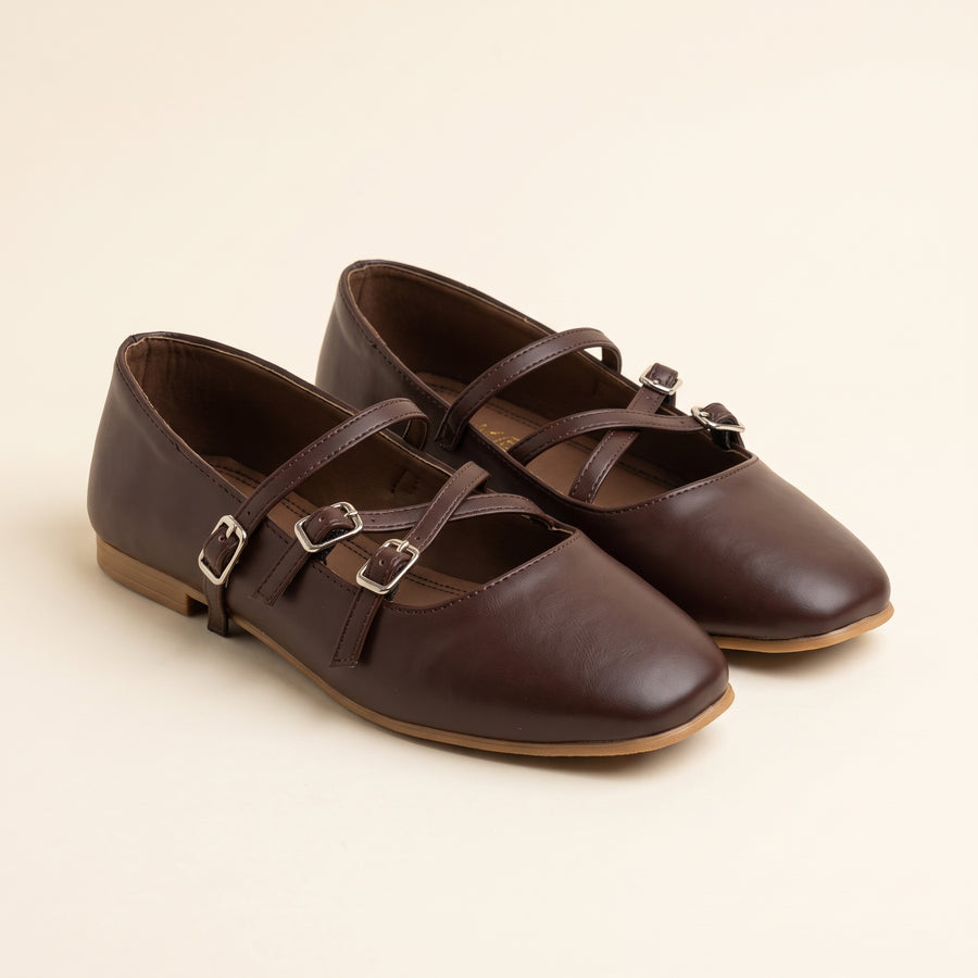 Siena Triple Strap Flats - Brown