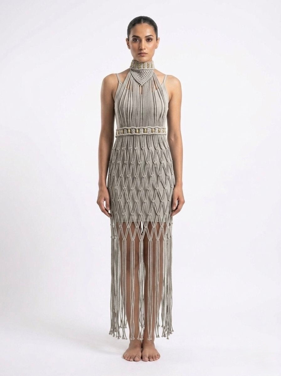 Ethereal Macramé Statement Dress - Cafe