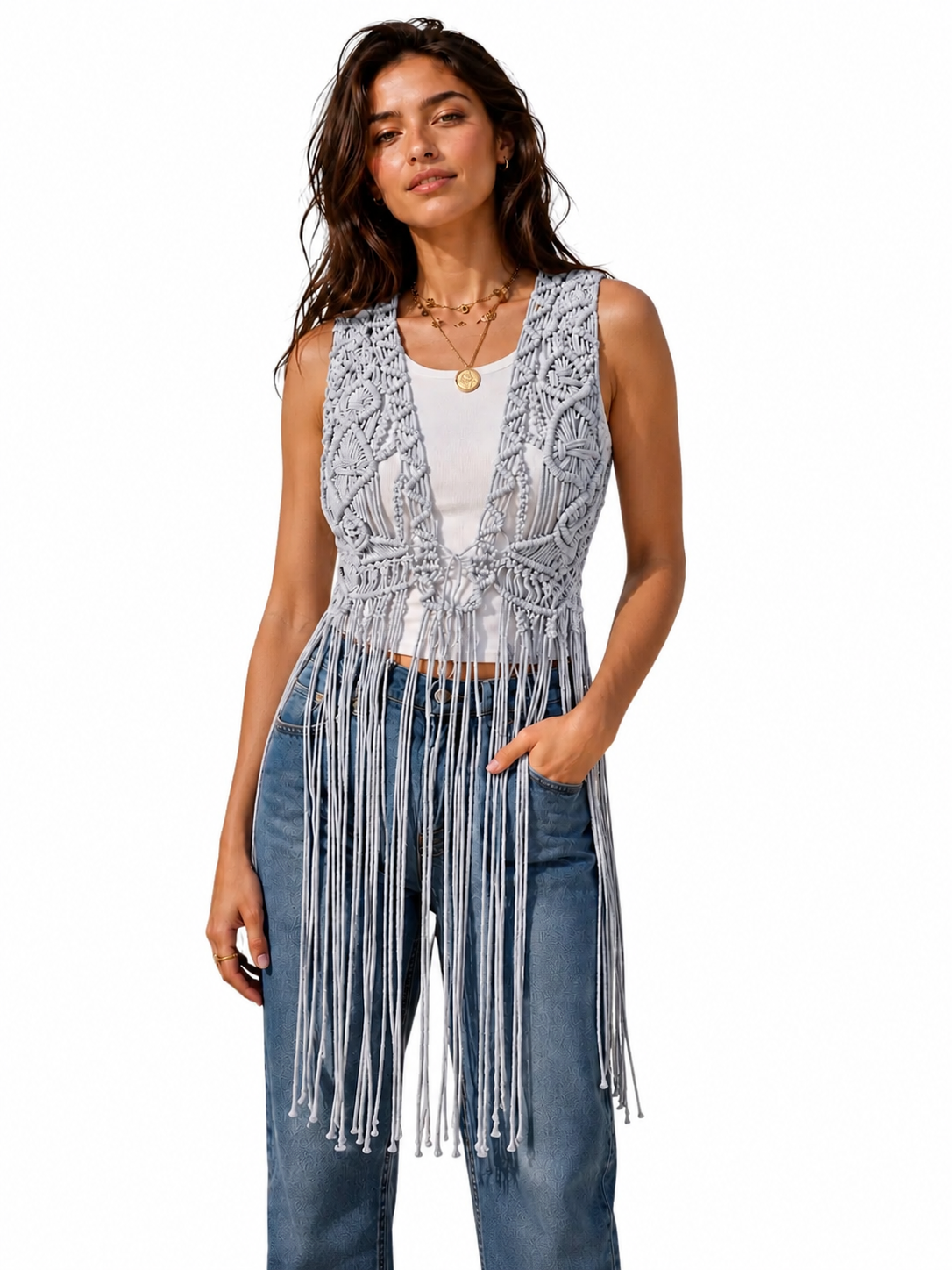 Boho Knot Fringe Vest - Grey