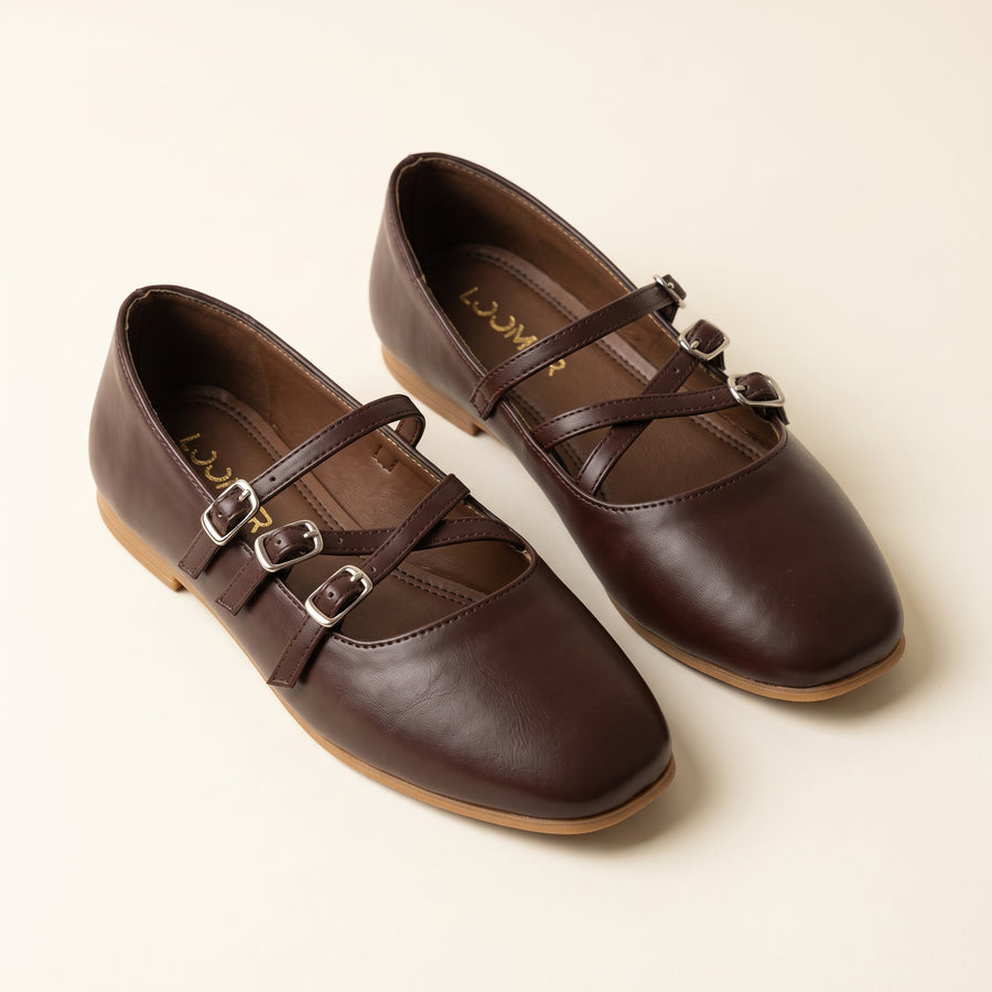 Siena Triple Strap Flats - Brown