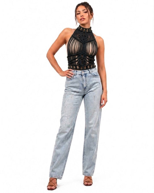 Macramé High-Neck Top - Black