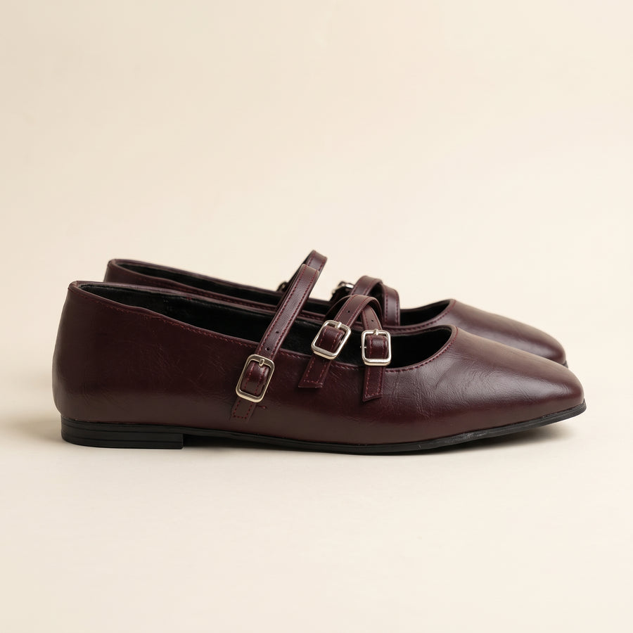 Siena Triple Strap Flats - Burgundy