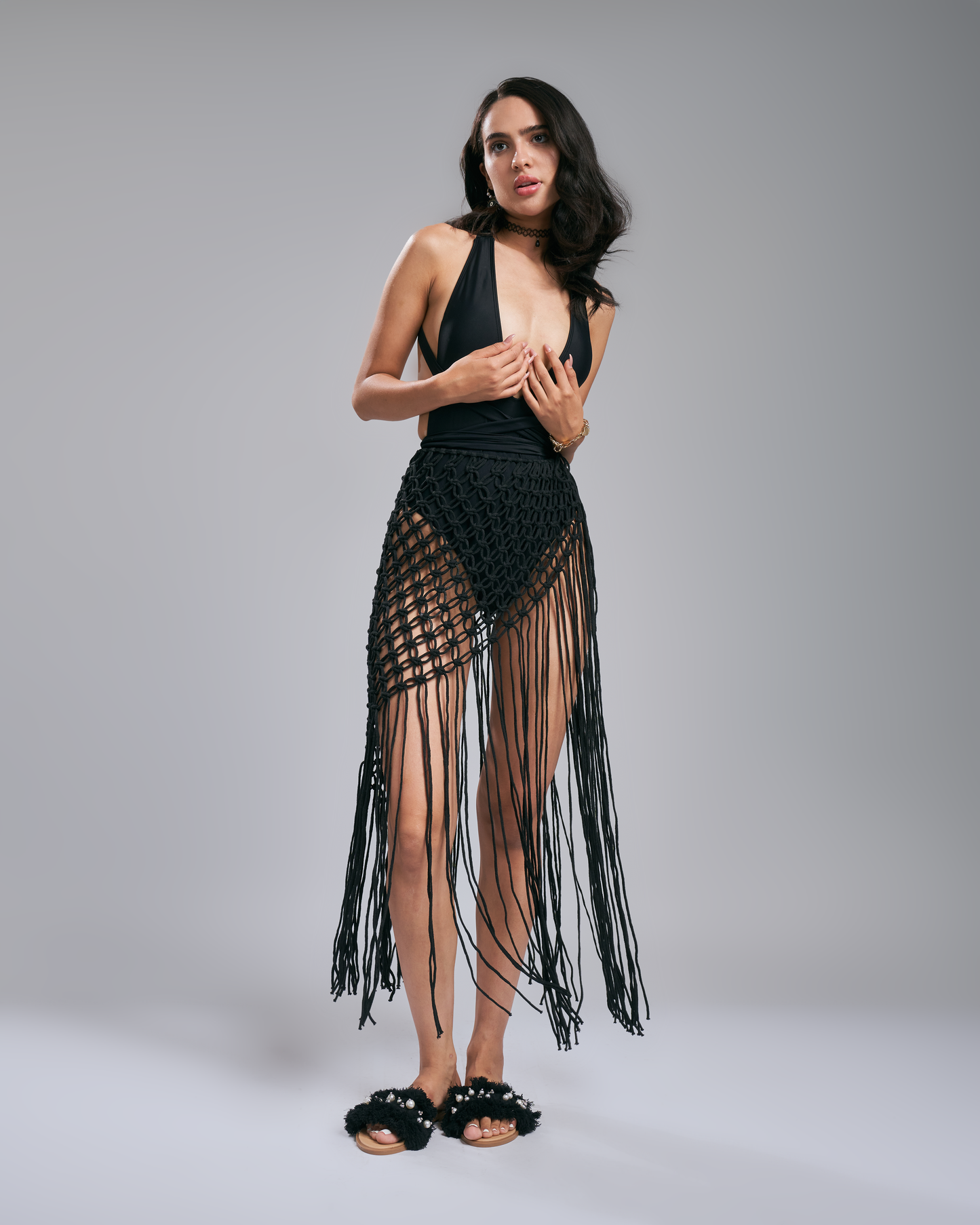 Boho tangled macrame skirt - black