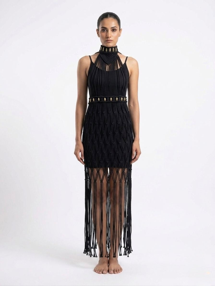 Ethereal Macramé Statement Dress - Black