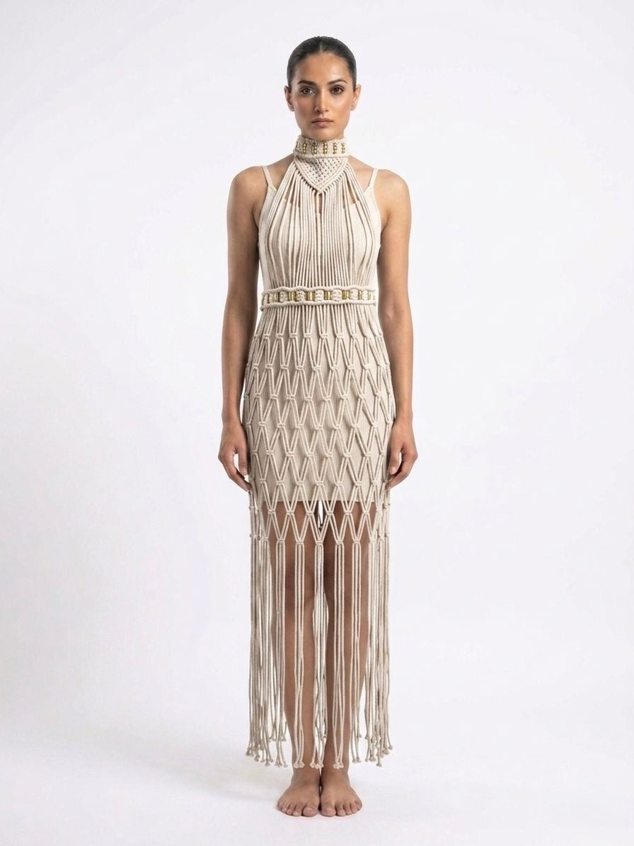 Ethereal Macramé Statement Dress - Beige