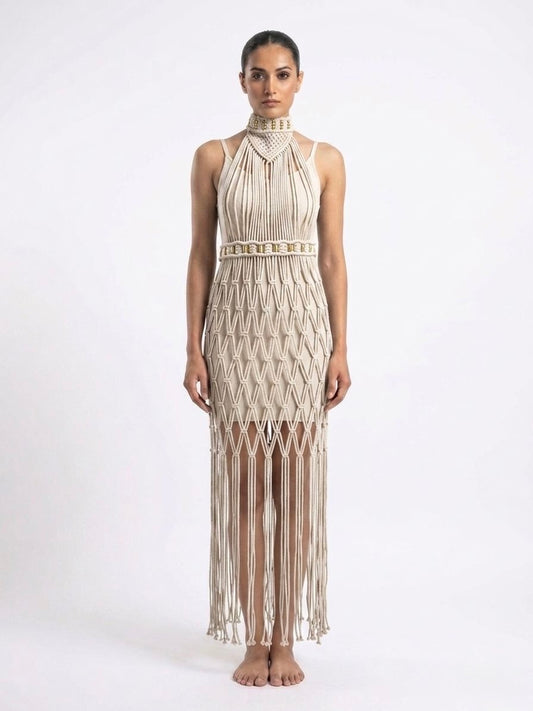 Ethereal Macramé Statement Dress - Beige