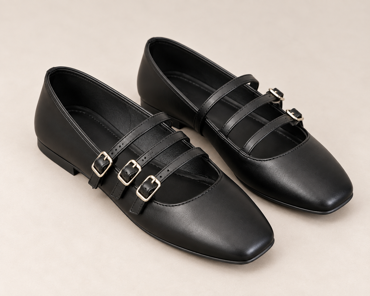 Siena Triple Strap Flats - Black