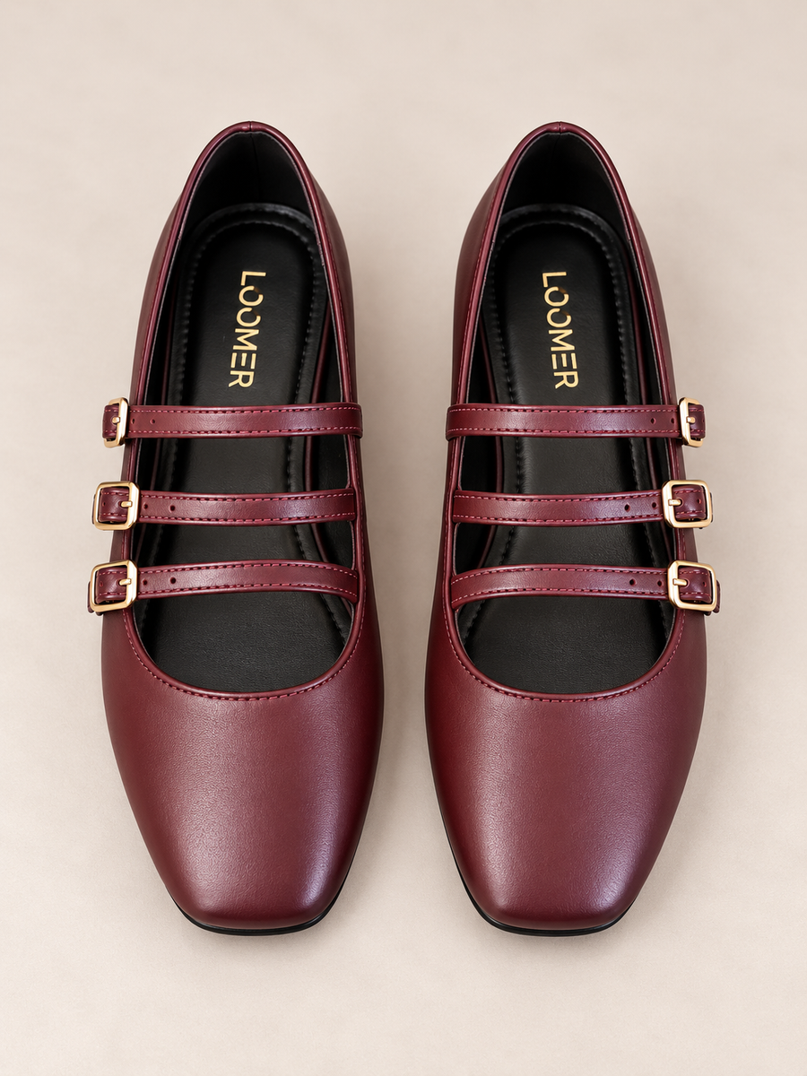 Siena Triple Strap Flats - Burgundy
