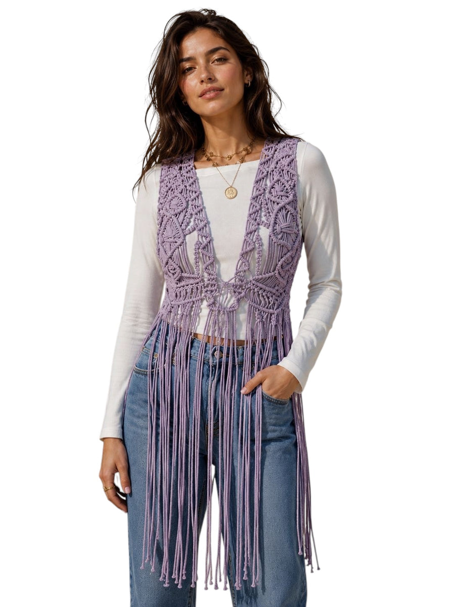 Boho Knot Fringe Vest - Purple